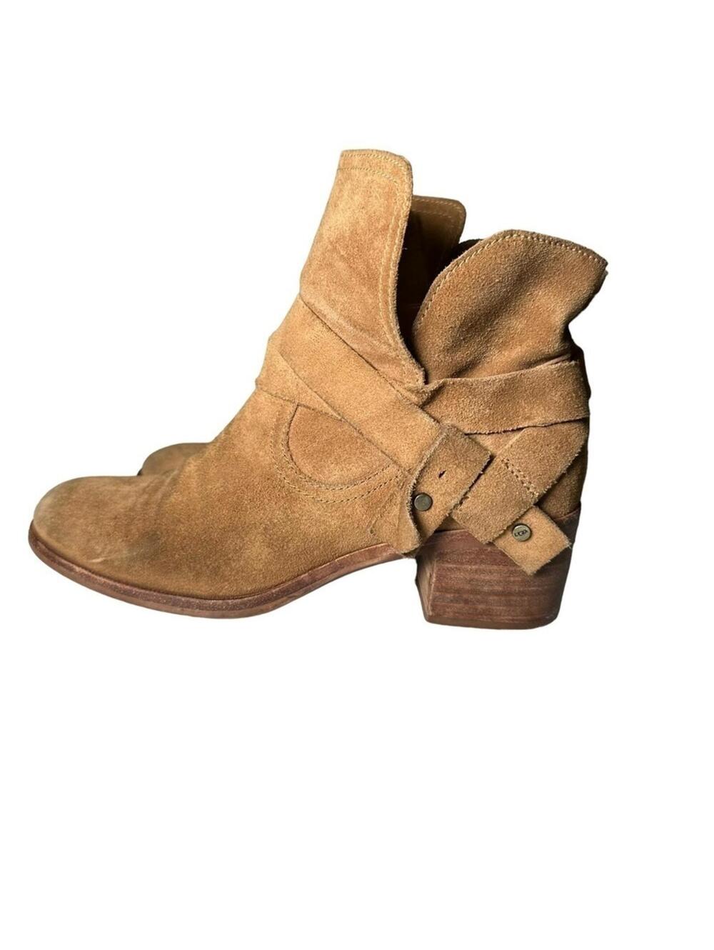 UGG Elora Suede Moto Ankle Boots Chestnut Brown Wrap Strap Block Heel Women Sz 7